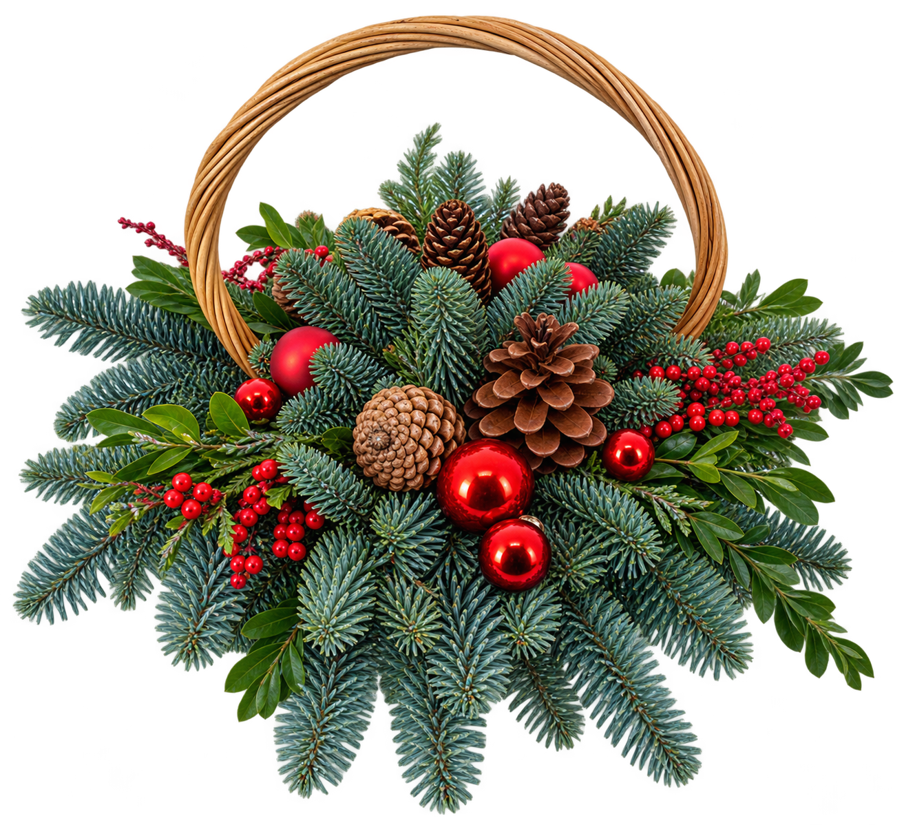 Festive Evergreen Wicker Basket Arrangement
