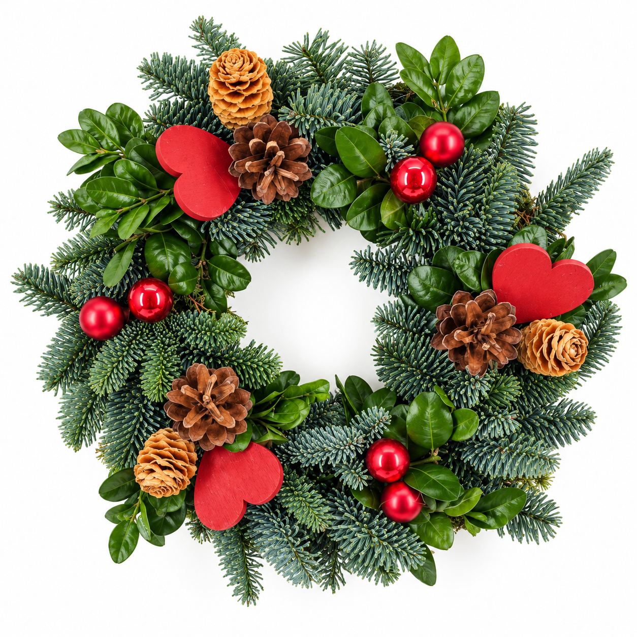 Festive Evergreen Wreath with Hearts and Baubles