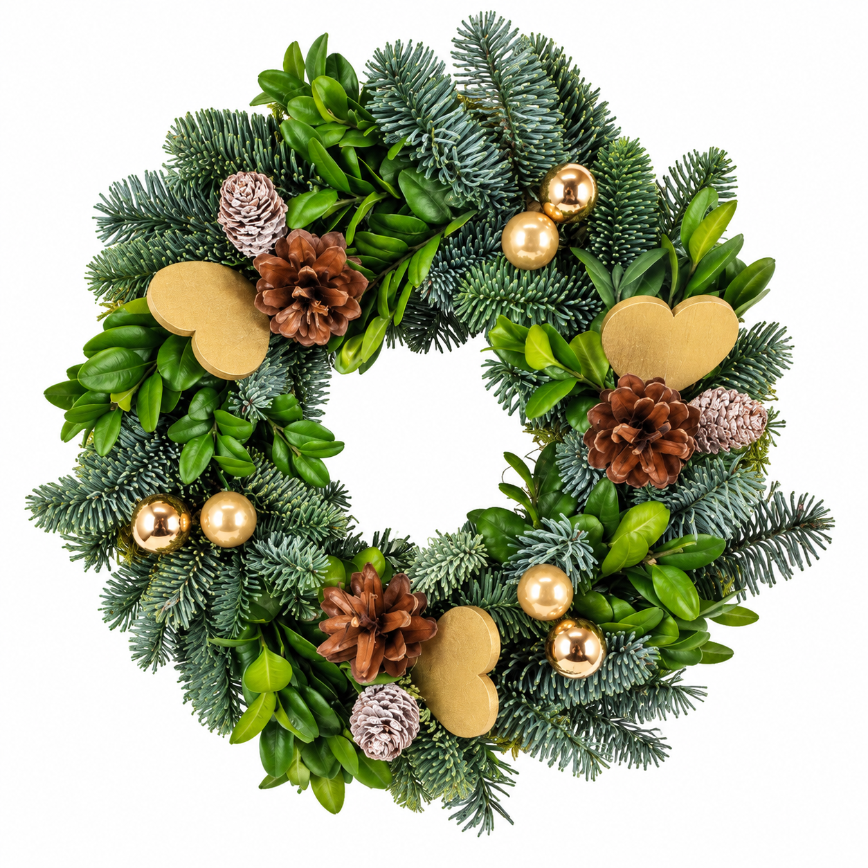 Frosted Evergreen Wreath with Golden Ornaments