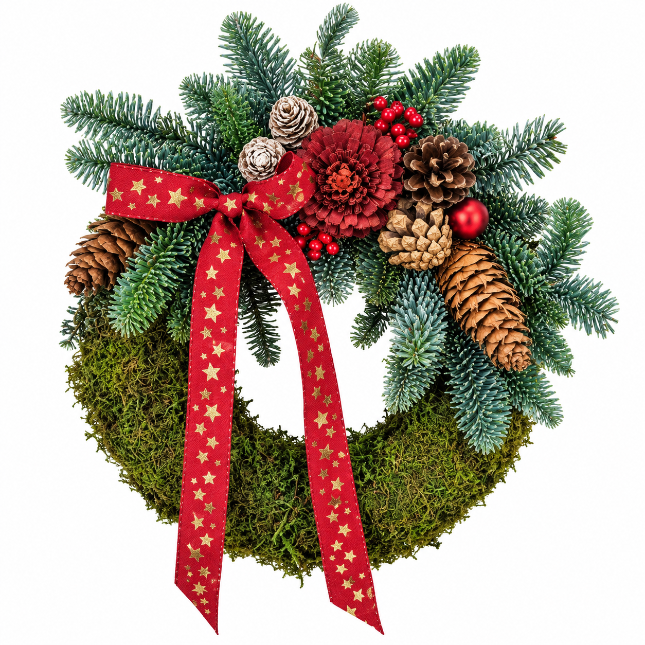 Rustic Red Ribbon Christmas Wreath