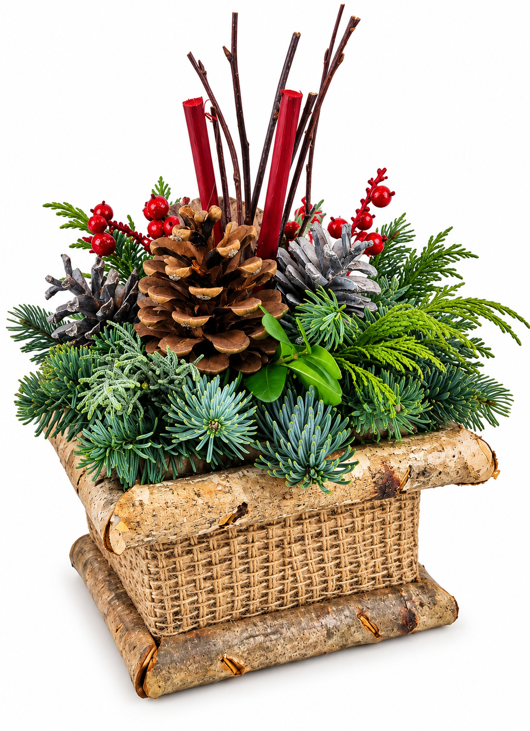Rustic Winter Evergreen Planter Arrangement
