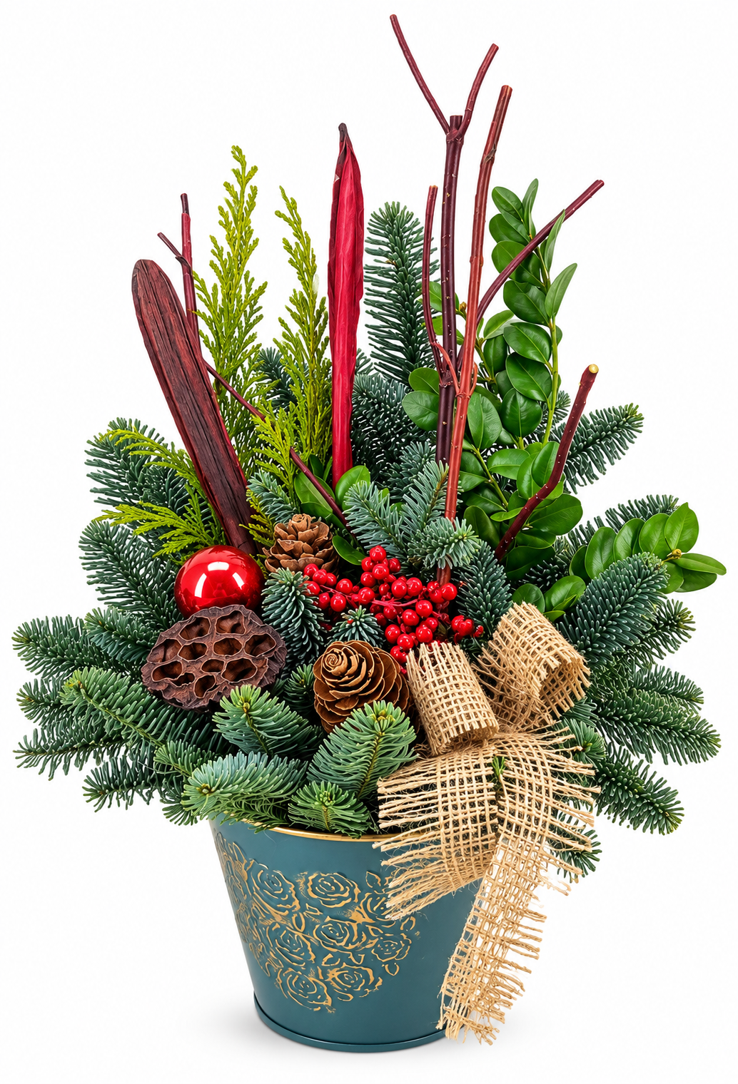 Teal Pot Christmas Evergreen Arrangement