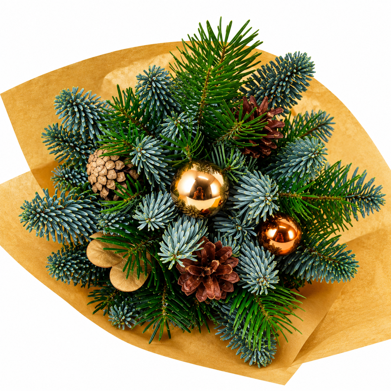 Festive Evergreen Bouquet with Golden Ornaments