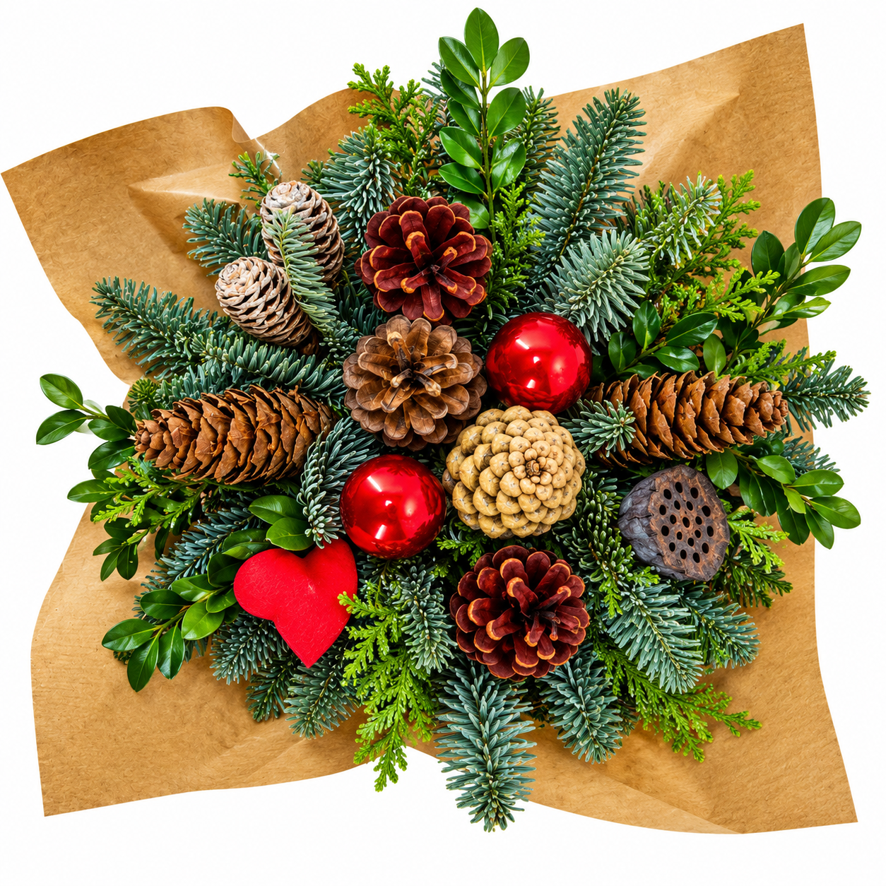 Festive Evergreen Bouquet with Pinecones