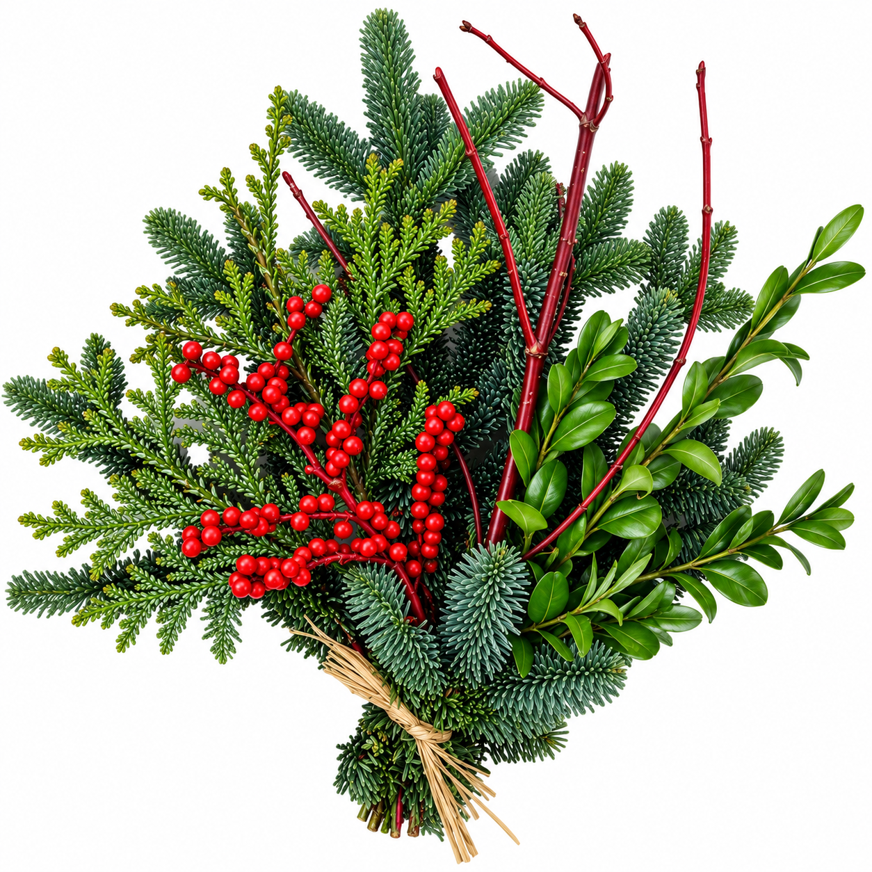 Festive Evergreen and Red Berry Bouquet