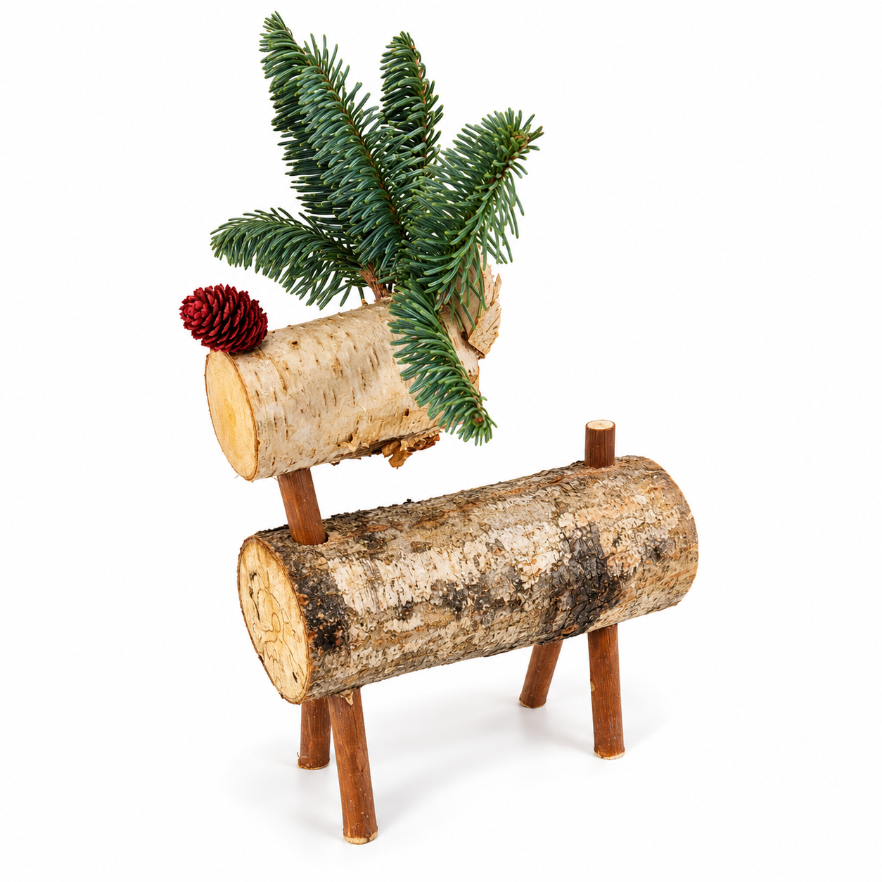 Rustic Birch Log Reindeer with Fir Antlers